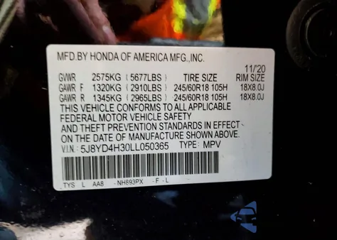 2020 Acura Mdx z USA, uszkodzony, nr VIN 5J8YD4H30LL050365
